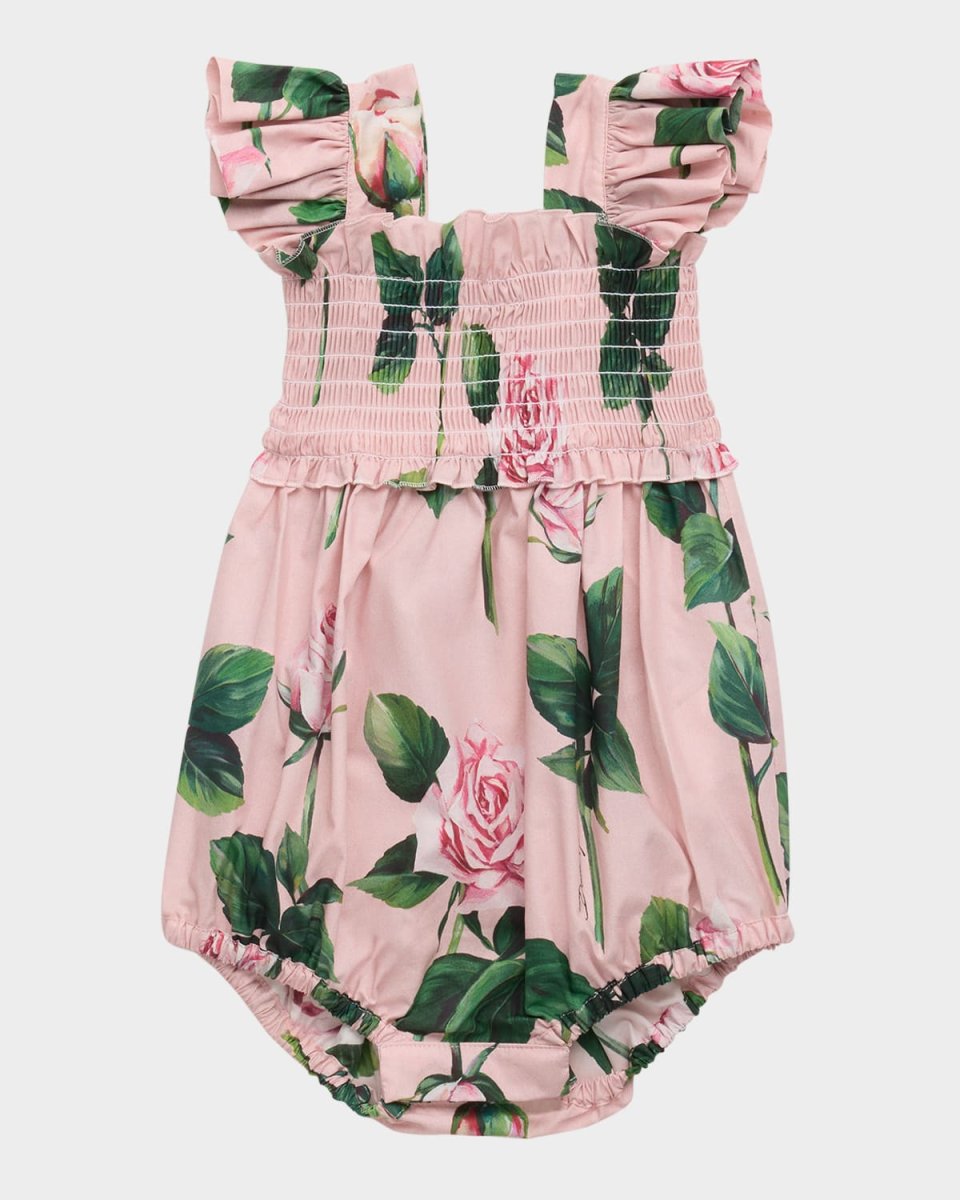 Girl's Rose-Print Smocked Bubble Romper, Size 3